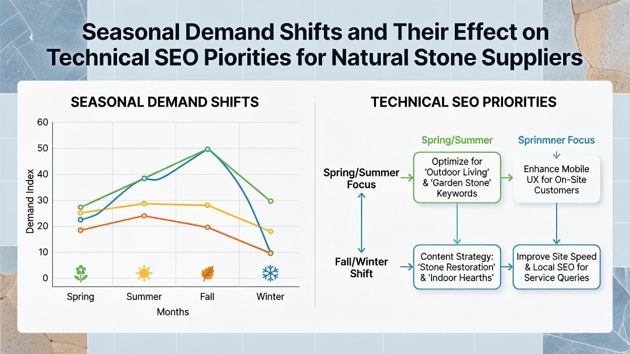 Technical SEO dashboard displaying crawl statistics and seasonal traffic patterns for stone supplier websites